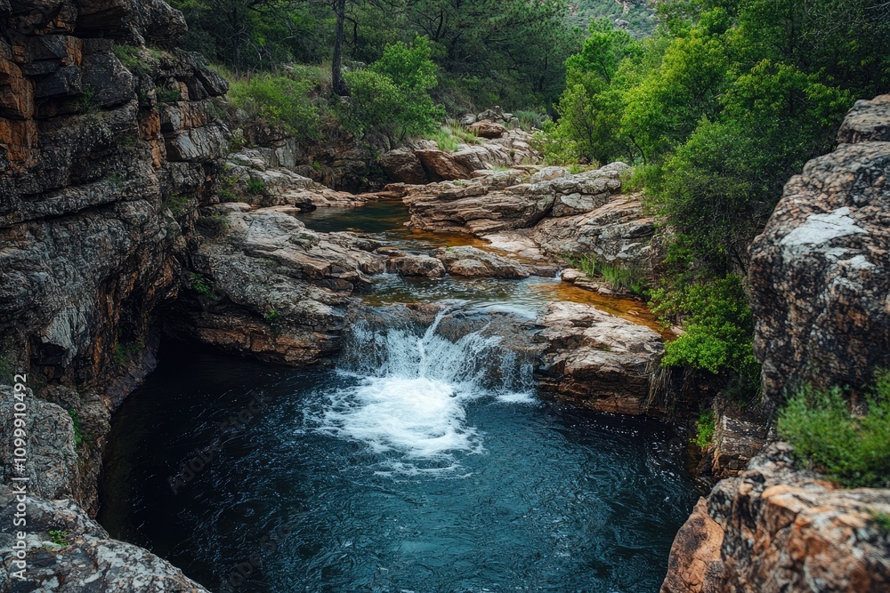 Poster waterfall cascading into tranquil pool in lush forest setting