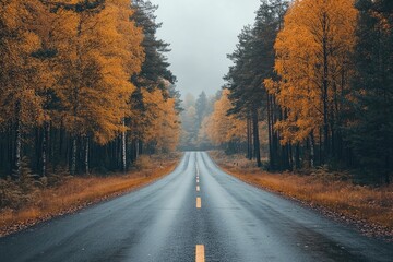 Winding road leading into colorful autumn forest in the mountains