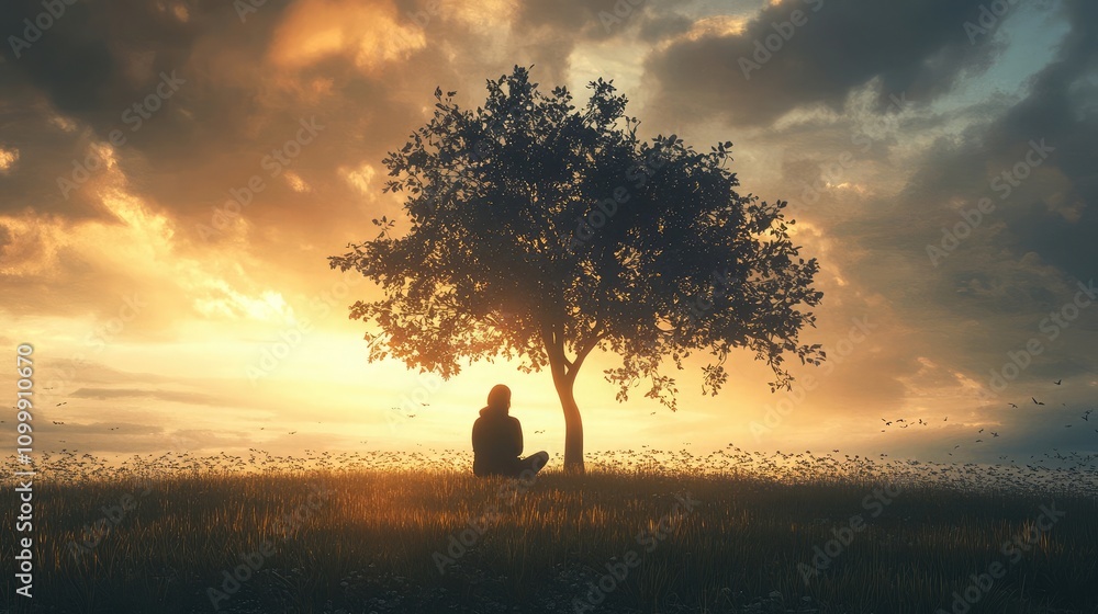 Poster isolated person sitting under a tree in an open field, conveying solitude and reflection
