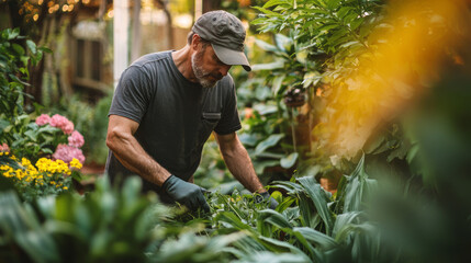 Fototapeta premium Experienced gardener performing maintenance in lush backyard garden