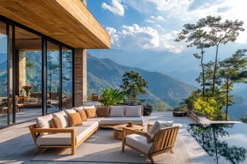 Fototapeta premium Modern house with infinity pool overlooking breathtaking mountain view