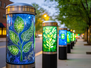 Digital Literacy Programs. Illuminated street art features vibrant plant designs on poles, enhancing urban greenery and promoting digital inclusion efforts