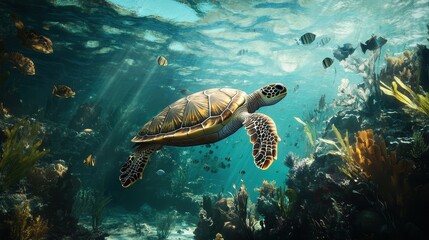 Obraz premium A turtle swimming in the ocean with many fish around it