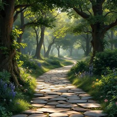 Fototapeta premium Stone paths wind through a tranquil public park.