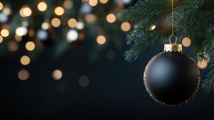 Fototapeta premium A black ornament with a gold cap is prominently displayed on a lush green Christmas tree. Blurred golden and black ornaments twinkle in the background, creating a festive atmosphere.
