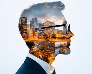 Digital Literacy Programs. creative double exposure image of businessman with city skyline overlay, symbolizing innovation and urban life