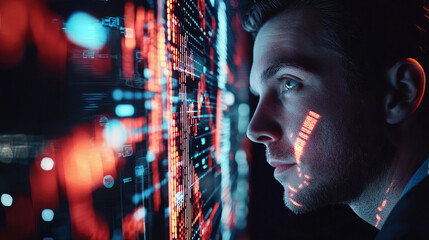 Business professional analyzes futuristic digital interface in close focus