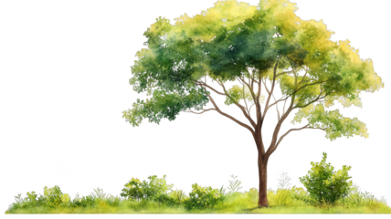 watercolor painting of lush tree with green and yellow leaves stands on grassy patch, surrounded by small bushes, evoking serene and natural atmosphere