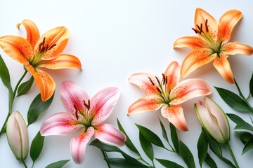 Obraz premium Colorful lilies and green leaves creating a frame on white background