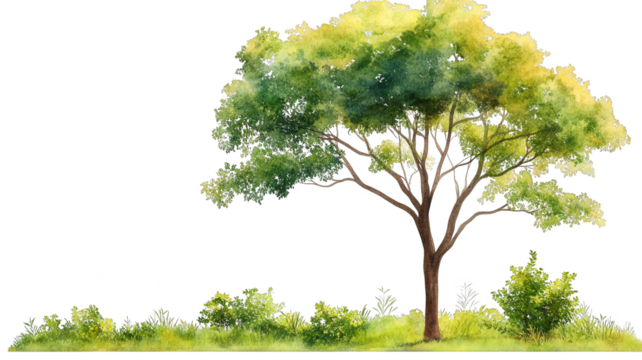 watercolor painting of lush tree with green and yellow leaves stands on grassy patch, surrounded by small bushes, evoking serene and natural atmosphere