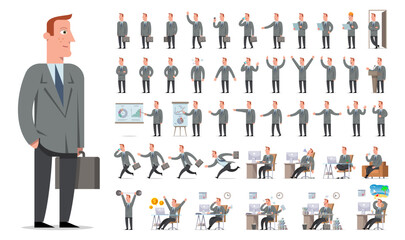 Businessman or manager character creation big set. Different views, gestures, emotions.