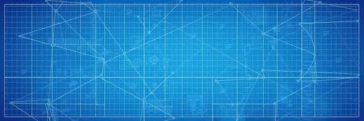 Fototapeta premium Blue print style photo effect mockup with architectural elements and grid lines on a white background, blueprint background, blueprint concept