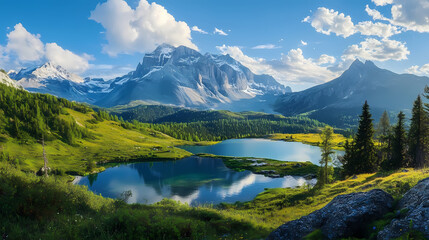 Fototapeta premium Breathtaking panorama nature mountain landscape wallpaper ai generated image. Nature. Illustration