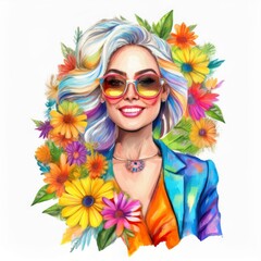 Obraz premium illustration of a 70s flower power woman on acrylic painted watercolor drawing isolated on white background