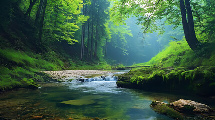 Obraz premium Composition of nature in a mountain forest with a deep river. Nature. Illustration