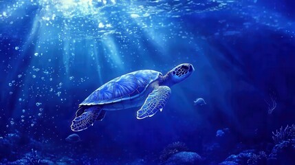 Fototapeta premium A turtle swimming in the ocean with sunlight shining on it