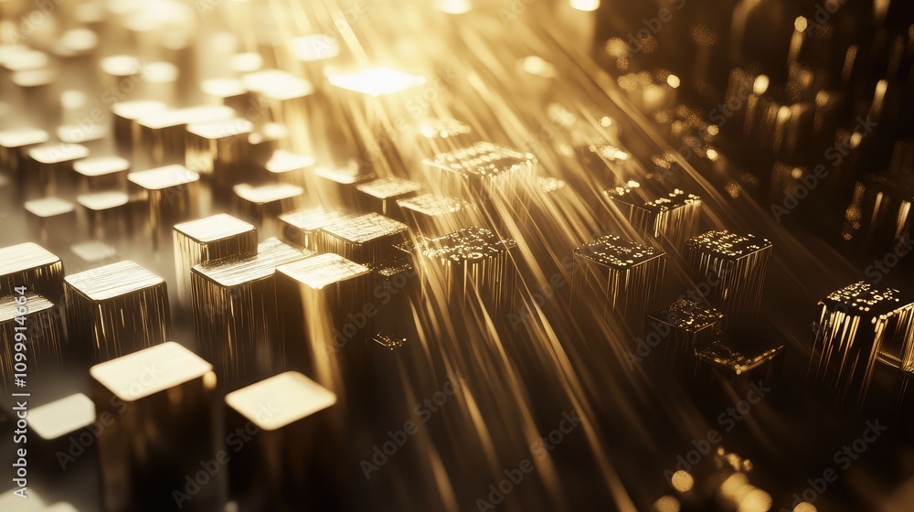 Poster 3D hexagonal data grid with light rays streaming through, creating a sense of futuristic depth