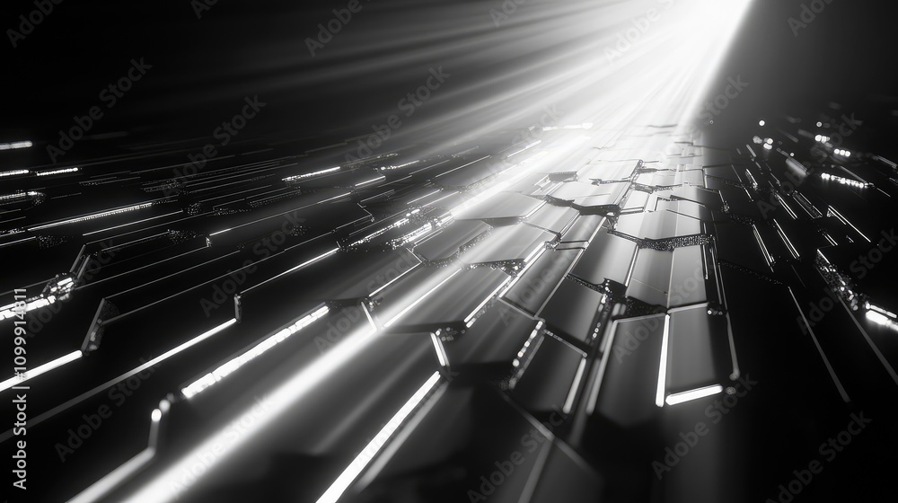 Poster 3D hexagonal data grid with light rays streaming through, creating a sense of futuristic depth