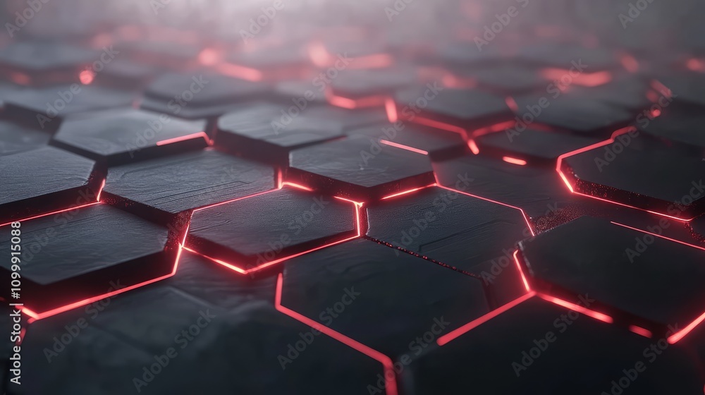 Poster 3D hexagonal data grid with light rays streaming through, creating a sense of futuristic depth