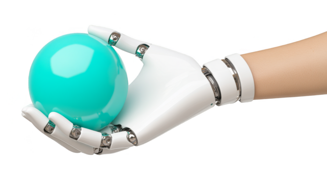 robotic hand gently holds shiny turquoise sphere, showcasing advanced technology and innovation. metallic fingers and smooth surface of ball highlight precision and futuristic design