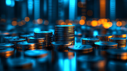 Stacks of coins are illuminated by blue and orange lights, creating futuristic financial scene. focus on coins suggests themes of wealth, investment, and economic growth