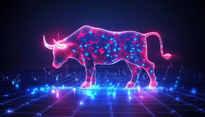 glowing digital bull stands on futuristic grid, symbolizing positive trading trends and market growth. vibrant colors and digital design convey sense of innovation and optimism