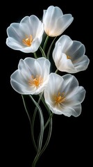 Fototapeta premium Two stunning blue flowers with a smooth finish stand tall, adorned with delicate golden stamens and lush green leaves against a contrasting dark backdrop.