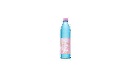 blue water bottle with pink cap and decorative label featuring abstract patterns, isolated on white background. design is modern and eye catching, perfect for branding