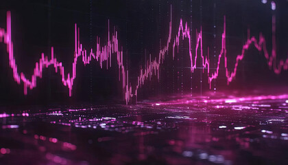 dynamic digital graph with pink lines represents financial market trends, showcasing bullish trading environment. vibrant colors and futuristic design highlight data analysis and stock market