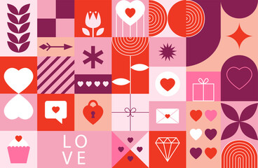 Bauhaus Valentine's day geometric seamless pattern with simple shapes and icons in flat minimalist style. Modern vector ornament for print, banner, card, fabric, cover, wrapping paper, wallpaper