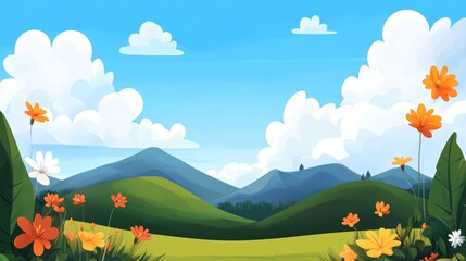 Fototapeta premium Colorful flowers bloom in a vibrant landscape against a bright blue sky with fluffy clouds and rolling hills in the background
