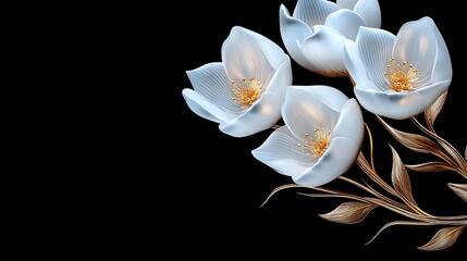 Two stunning blue flowers with a smooth finish stand tall, adorned with delicate golden stamens and lush green leaves against a contrasting dark backdrop.