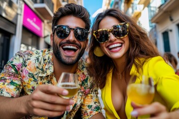 Obraz premium Couple enjoys drinks and laughter during a sunny day in a vibrant street
