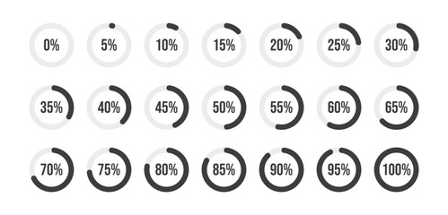 Loading progress bar. Percentage circle set. Loading indicator set. 5 10 15 20 25 30 35 40 45 50 55 60 65 70 75 80 85 90 95 percent. Ready-to-use for web design, user interface UI or infographic.