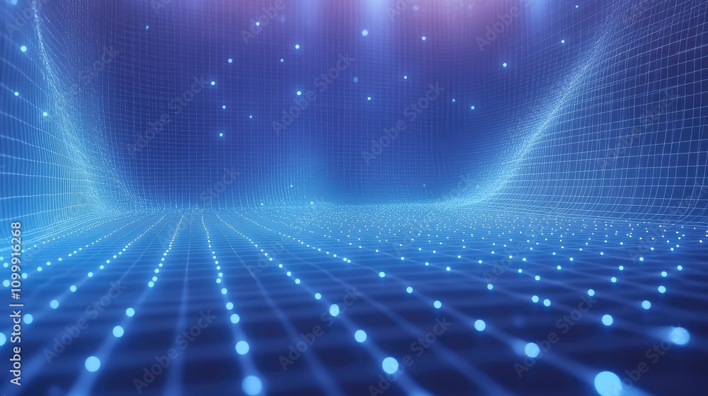 Aufkleber 3d wireframe mesh in blue hues, with dots highlighting data nodes across the grid