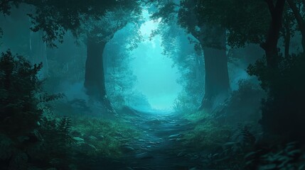 Obraz premium Path through a dark forest leading to a bright clearing, symbolizing hope