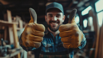 Skilled craftsman giving thumbs up in workshop setting