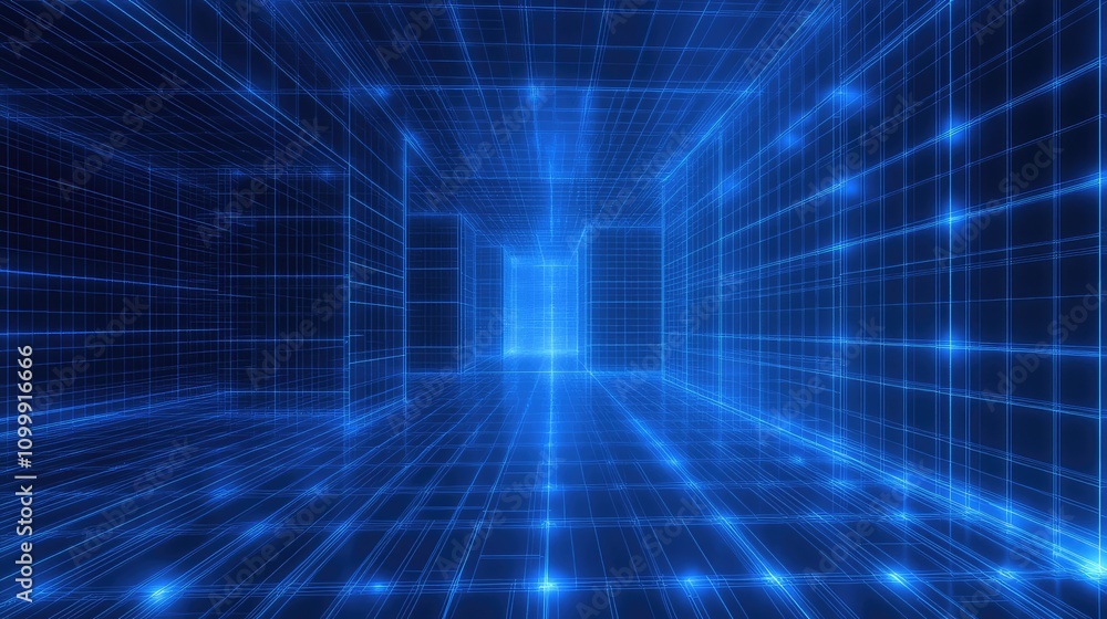 Poster 3d wireframe mesh in blue hues, with dots highlighting data nodes across the grid