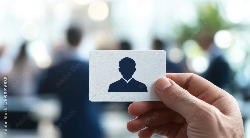 Poster businessman holds blank id card in professional setting, symbolizing identity and networking opportu