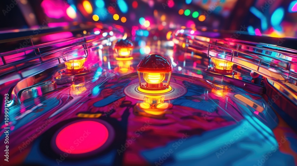 Aufkleber pinball machine mid-action with illuminated bumpers and dynamic graphics on a vibrant background