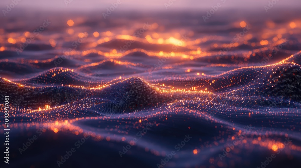 Poster a 3d wireframe grid landscape, evoking a digital cityscape with data points glowing at intersections