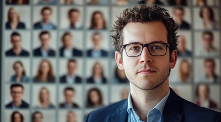 Fototapeta premium businessman stands confidently in front of wall of employee portraits, showcasing professionalism and focus. His glasses and suit add to his authoritative presence