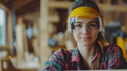 Confident female carpenter with safety gear in workshop