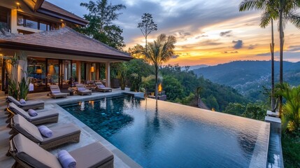 Obraz premium Luxury villa with infinity pool overlooking sunset mountains.