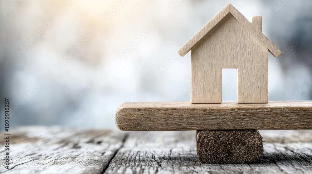 Poster miniature wooden house model on a block, rustic display of craftsmanship and simple design