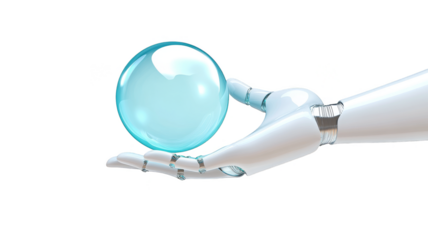 robotic hand gracefully holds transparent sphere, symbolizing futuristic technology and innovation. sleek design and metallic finish highlight advanced engineering and artificial intelligence