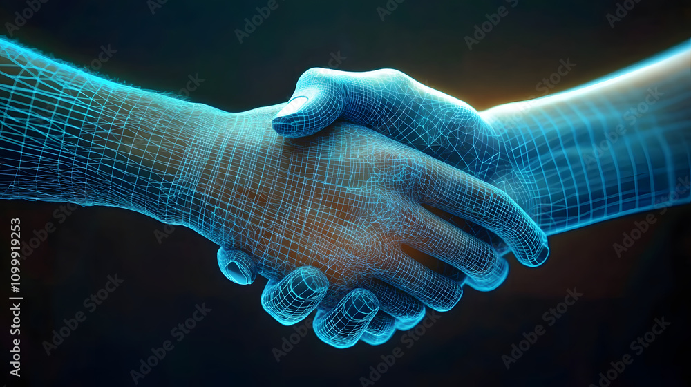 Poster digital handshake with wireframe design - two hands engaging in a handshake overlaid with a blue dig