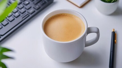 Cozy Coffee Desk Setup with Stationery for Productive Workspace