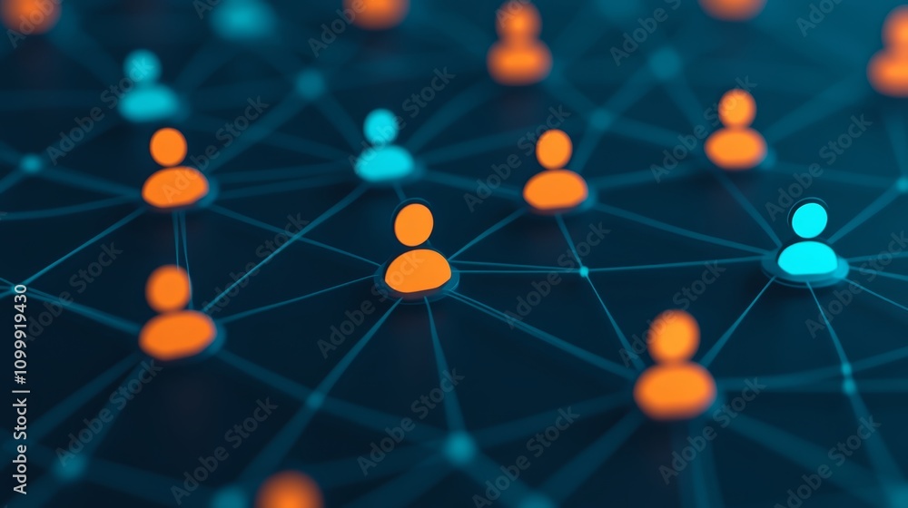 Poster dynamic network visualization, interconnected dots in orange and blue hues representing data flow co