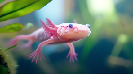 A bright pink axolotl swimming in a crystalclear tank